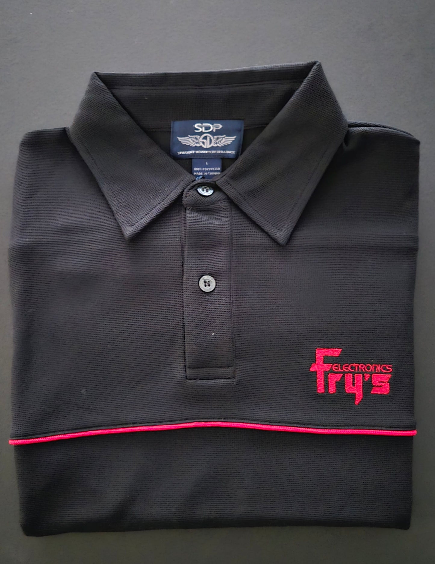 Fry's Electronics Short Sleeve Polo Shirt in Black with Red Stripe and Lettering
