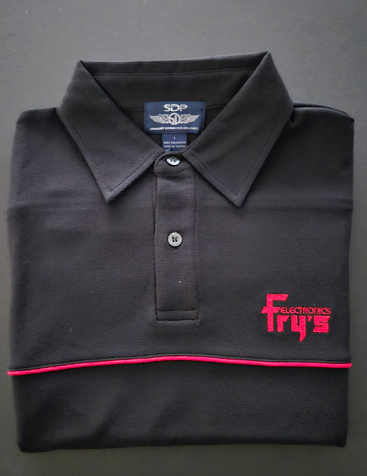 Fry's Electronics Short Sleeve Polo Shirt in Black with Red Stripe and Lettering